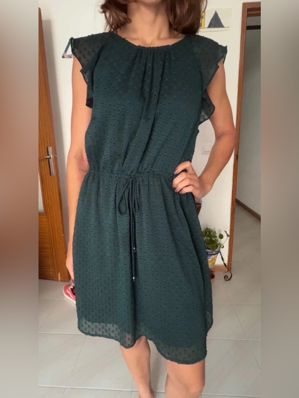 H&M Women's Dark Green Textured Swiss Dog Drawstring-Waist Dress Sz 4